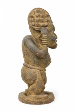 African Cameroon 20th Century Carved Wood Bameleke Chief Squatting Figure on Cir - 4656495