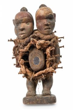 African D R Congo 20th Century Carved Wood Mirror Nkisi Nail Fetish Figure - 4666380