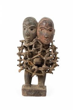 African D R Congo 20th Century Carved Wood Nkisi 2 Headed Nail Fetish Figure - 4668941