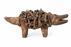 African D R Congo 20th Century Carved Wood Nkisi Koso Dog Nail Fetish Figure - 4660432