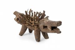 African D R Congo Carved Wood Nkisi Koso 2 Headed Dog Nail Fetish Figure - 4409194