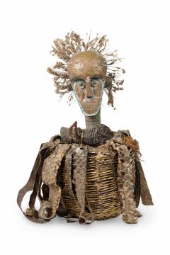 African Gabon Congo Carved Wood Brass Kota Male Reliquary Figure with Basket - 4409081