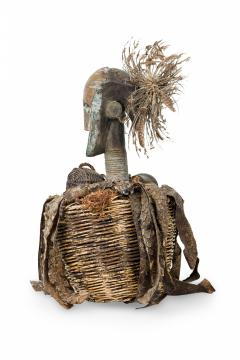 African Gabon Congo Carved Wood Brass Kota Male Reliquary Figure with Basket - 4409086