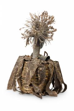 African Gabon Congo Carved Wood Brass Kota Male Reliquary Figure with Basket - 4409088