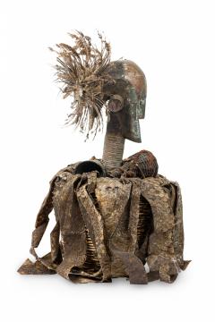 African Gabon Congo Carved Wood Brass Kota Male Reliquary Figure with Basket - 4409089