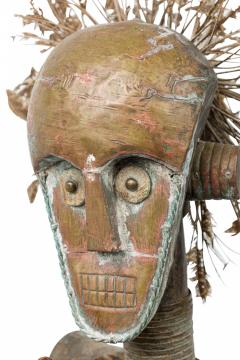 African Gabon Congo Carved Wood Brass Kota Male Reliquary Figure with Basket - 4409090