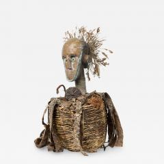 African Gabon Congo Carved Wood Brass Kota Male Reliquary Figure with Basket - 4412536