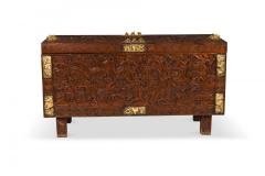 African Hinged Top Carved Wood and Brass Figural Chest - 4170072