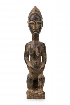 African Ivory Coast Late Carved Wood Baule Seated Female Fertility Figure - 4199605