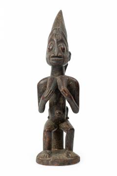 African Nigeria Carved Wood Yoruba Seated Female Fertility Figure with Child - 4199281
