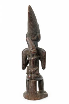 African Nigeria Carved Wood Yoruba Seated Female Fertility Figure with Child - 4199285