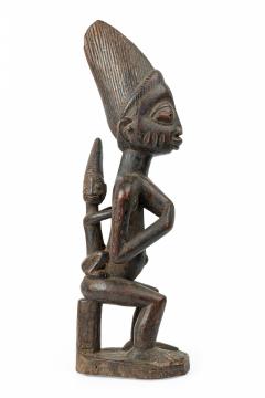 African Nigeria Carved Wood Yoruba Seated Female Fertility Figure with Child - 4199286