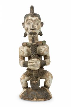 African Southern Nigeria Mid Century Carved Painted Wood Seated Female Anjenu - 4666955