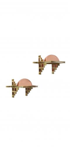 Alain Delon MODERNIST COPPER BRASS CHROME EMERALD ROSE GLASS SCONCES BY ALAIN DELON - 4461086