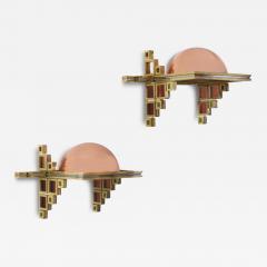 Alain Delon MODERNIST COPPER BRASS CHROME EMERALD ROSE GLASS SCONCES BY ALAIN DELON - 4461324