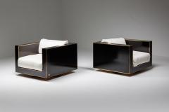 Alain Delon Maison Jansen Pair of Cubic Lounge Chairs in Black and Brass Hollywood Regency - 2048336