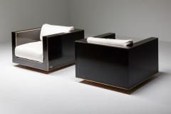 Alain Delon Maison Jansen Pair of Cubic Lounge Chairs in Black and Brass Hollywood Regency - 2048338