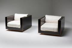 Alain Delon Maison Jansen Pair of Cubic Lounge Chairs in Black and Brass Hollywood Regency - 2048339