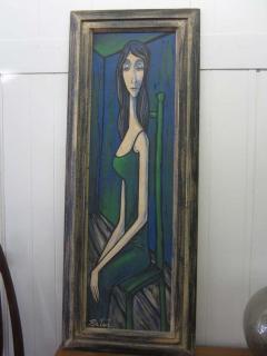 Alain Portier Large Scale Mid Century Modern Oil Painting Blue Lady in Chair Portier - 1333054