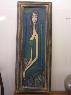 Alain Portier Large Scale Mid Century Modern Oil Painting Blue Lady in Chair Portier - 1333060