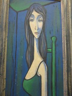 Alain Portier Large Scale Mid Century Modern Oil Painting Blue Lady in Chair Portier - 1333061