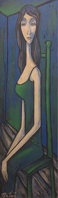 Alain Portier Large Scale Mid Century Modern Oil Painting Blue Lady in Chair Portier - 1333730