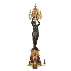 Albert Ernest Carrier Belleuse Monumental Pair of Rouge Marble Gilt and Patinated Bronze Figural Torch res - 4697750