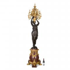 Albert Ernest Carrier Belleuse Monumental Pair of Rouge Marble Gilt and Patinated Bronze Figural Torch res - 4697756
