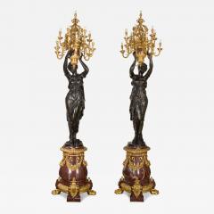 Albert Ernest Carrier Belleuse Monumental Pair of Rouge Marble Gilt and Patinated Bronze Figural Torch res - 4697818