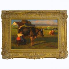 Albert Reibmayr Milking Time 1906 Landscape Painting of Cows by Albert Reibmayr Austrian  - 1076921