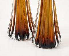 Alberto Dona Pair Hand Blown Fluted Cognac Saddle Murano Glass Brass Table Lamps Signed - 4617675