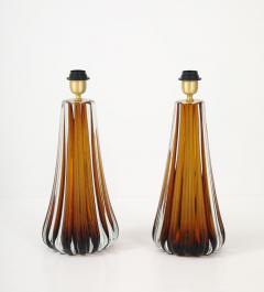 Alberto Dona Pair Hand Blown Fluted Cognac Saddle Murano Glass Brass Table Lamps Signed - 4617676