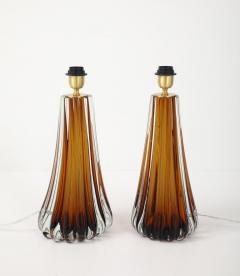 Alberto Dona Pair Hand Blown Fluted Cognac Saddle Murano Glass Brass Table Lamps Signed - 4617680