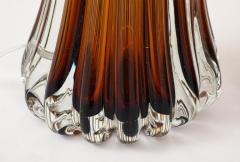Alberto Dona Pair Hand Blown Fluted Cognac Saddle Murano Glass Brass Table Lamps Signed - 4617681
