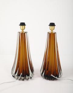 Alberto Dona Pair Hand Blown Fluted Cognac Saddle Murano Glass Brass Table Lamps Signed - 4617682