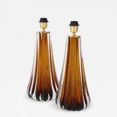 Alberto Dona Pair Hand Blown Fluted Cognac Saddle Murano Glass Brass Table Lamps Signed - 4618857