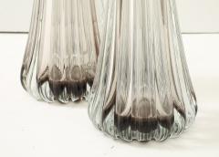 Alberto Dona Pair Hand Blown Fluted Grey Taupe Murano Glass Brass Table Lamps Signed - 4474468