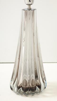 Alberto Dona Pair Hand Blown Fluted Grey Taupe Murano Glass Brass Table Lamps Signed - 4474469