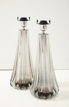 Alberto Dona Pair Hand Blown Fluted Grey Taupe Murano Glass Brass Table Lamps Signed - 4474477