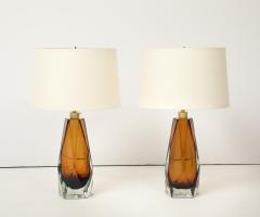 Alberto Dona Pair of Cognac Murano Glass and Brass Lamps Signed Italy - 4439256