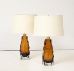 Alberto Dona Pair of Cognac Murano Glass and Brass Lamps Signed Italy - 4439257