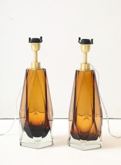 Alberto Dona Pair of Cognac Murano Glass and Brass Lamps Signed Italy - 4439259