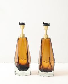Alberto Dona Pair of Cognac Murano Glass and Brass Lamps Signed Italy - 4439261