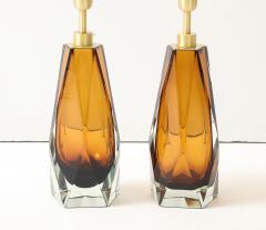 Alberto Dona Pair of Cognac Murano Glass and Brass Lamps Signed Italy - 4439263