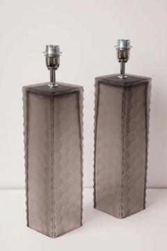 Alberto Dona Pair of Taupe Grey Murano Glass Textured Rectangular Block Lamps Signed Italy - 2109979