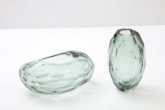 Alberto Dona Sculptural Handblown Faceted Green Gray Murano Glass Vase Signed Italy 2022 - 2825446