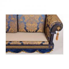 Alberto Pinto Opulent Pair of French Royal Blue Gold Silk Damask Three Cushion Sofas Couches - 988722