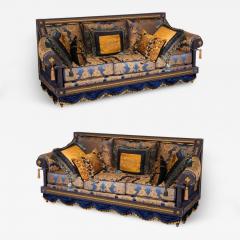 Alberto Pinto Opulent Pair of French Royal Blue Gold Silk Damask Three Cushion Sofas Couches - 988841