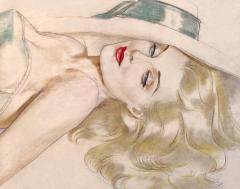 Alberto Vargas Seductive Platinum Blond Hair and Blue Eyed Pin Up in Turquoise Hat - 3262227