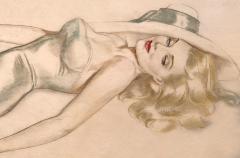 Alberto Vargas Seductive Platinum Blond Hair and Blue Eyed Pin Up in Turquoise Hat - 3262228